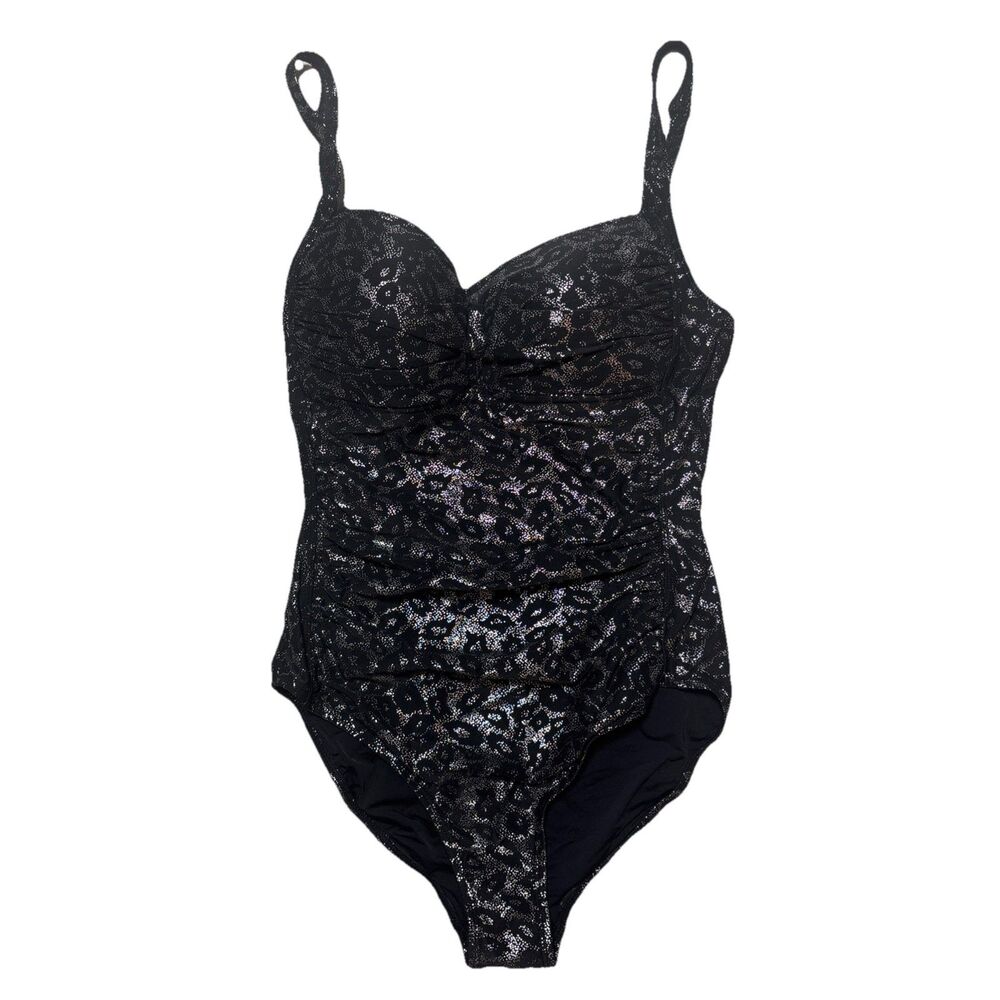 Nip Tuck 1pc Silver & Black leopard print Ruched Multifit Cup Swimsuit Sz 6